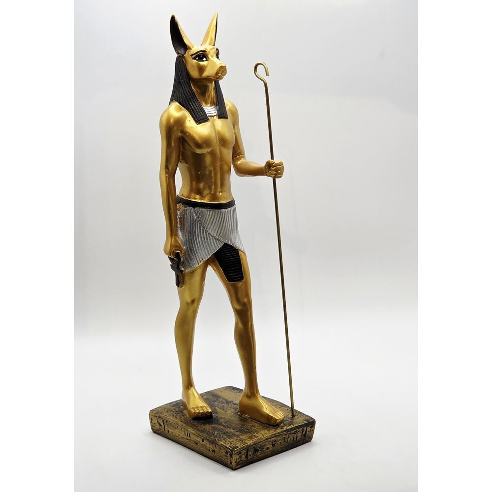 God Anubis With Staff and Ank Symbol- Exquisite Colored Statue